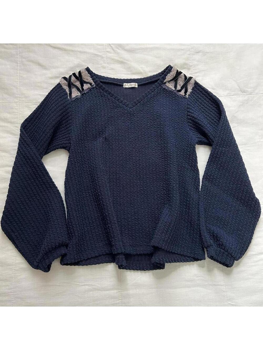 Axes Femme Navy Blue Fur Trim Lace Up Sweater Coquette Medium